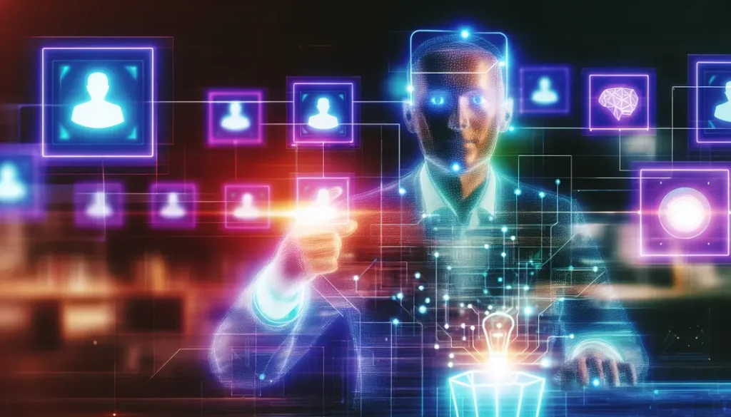 A startup founder interacting with digital AI interfaces, highlighting empowerment and innovation.