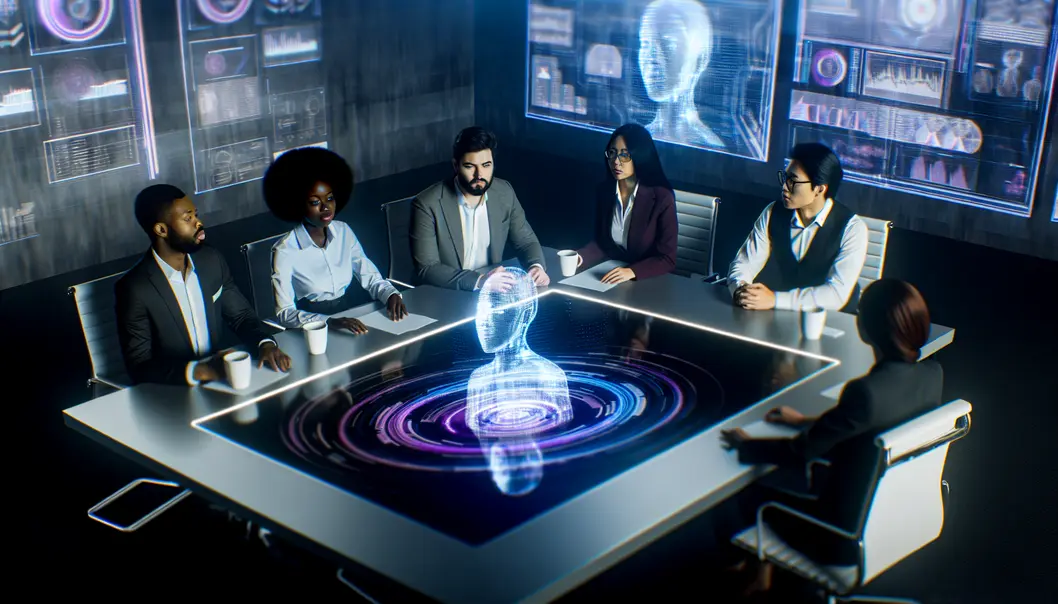 AI agents assisting startup founders in a futuristic office setting.