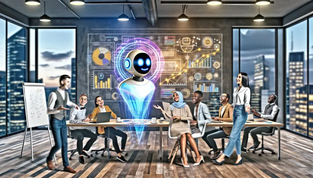 Team collaborating with a digital AI assistant in a modern office.