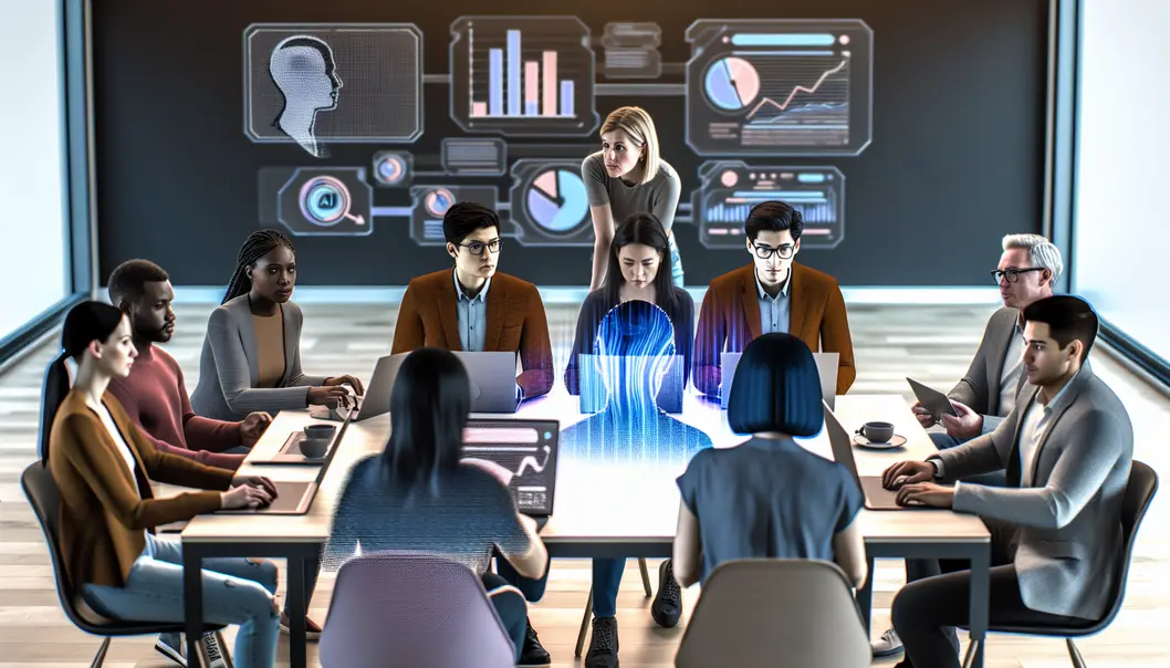 AI agents assisting startup founders in a futuristic office setting.