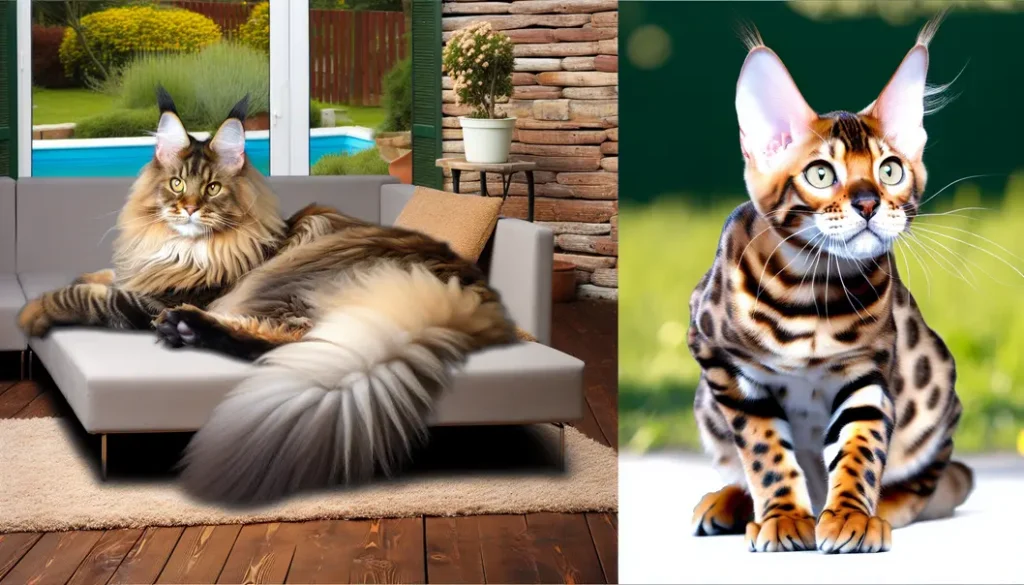 Collage of a Maine Coon on a sofa and a Bengal exploring outdoors.