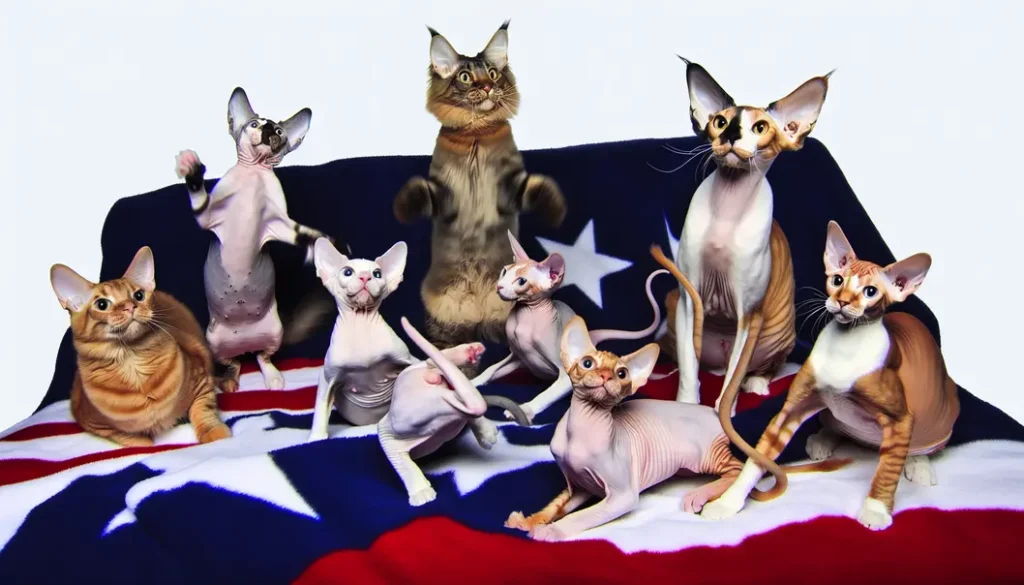 Diverse cat breeds, including Maine Coon and Sphynx, on a patriotic-themed blanket.