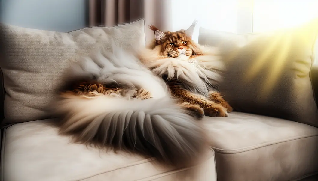 A majestic Maine Coon flaunting its luxurious fur on a sofa.