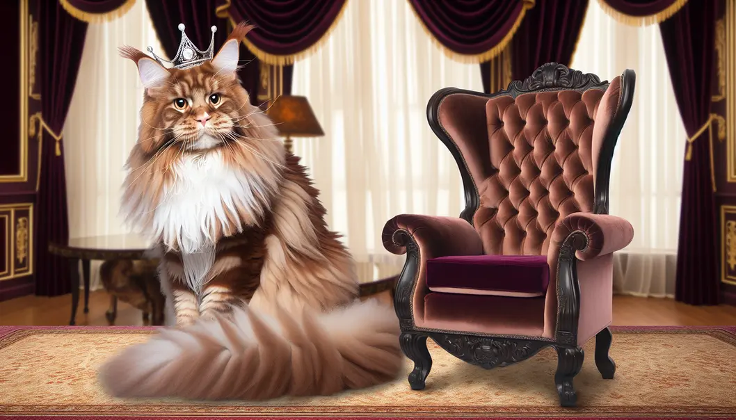 A Maine Coon cat sporting a crown, sitting regally in a stately room.