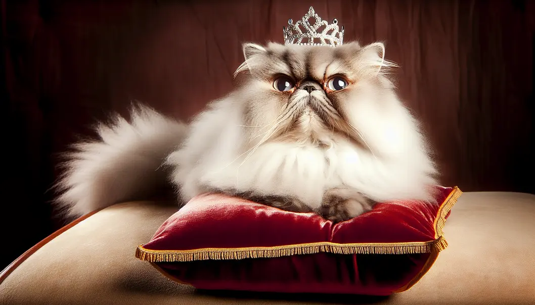 A Persian cat embodies feline royalty with a touch of humor.