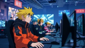 Anime characters set against an esports gaming backdrop.
