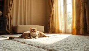 Cat stretching on a plush rug in a room with elegant curtains.
