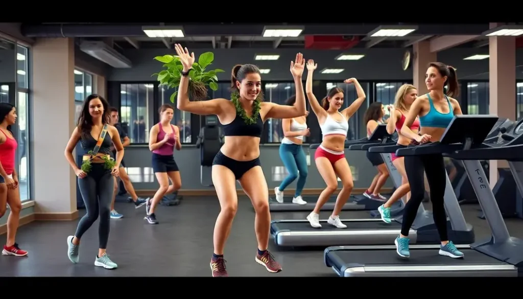 Collage of people in a gym doing humorous and bizarre fitness activities.