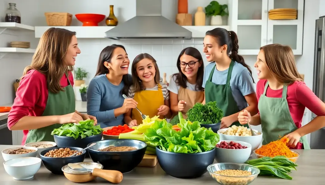 Teens exploring a vibrant market filled with fresh veggies.