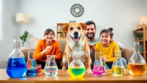 A family and dog surrounded by colorful science setups in a cozy living room.
