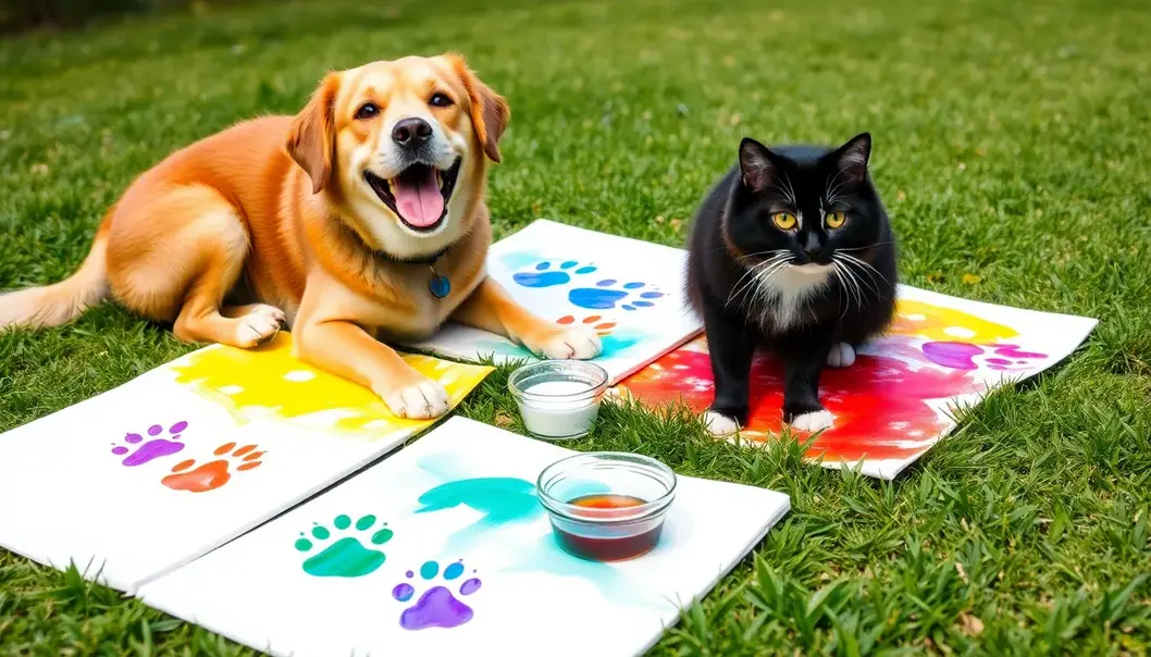 Dogs and cats making colorful paw art with homemade, pet-safe paints.