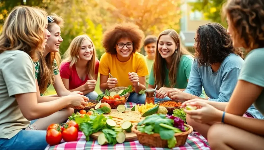 Group of teenagers having a lively outdoor plant-based picnic.