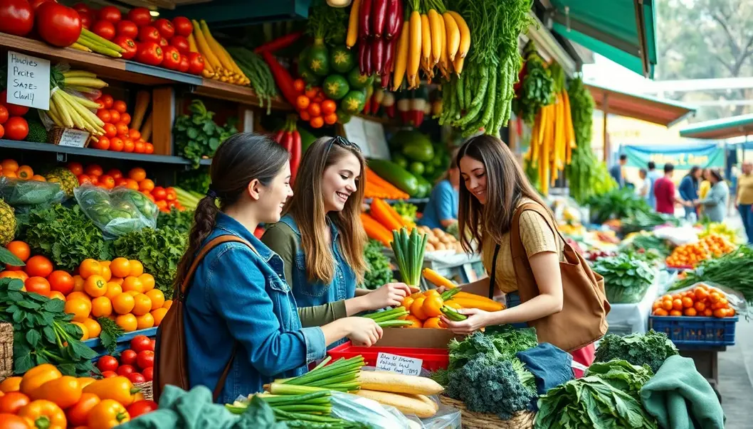 Teens exploring a vibrant market filled with fresh veggies.
